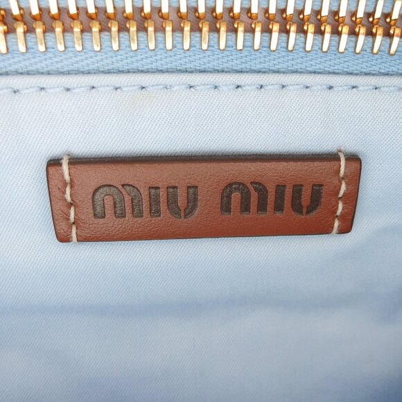 MIU MIU LIght Blue Beige Orange Raffia-Effect Embroidery Vertical Woven Tote Bag - Picture 9 of 9